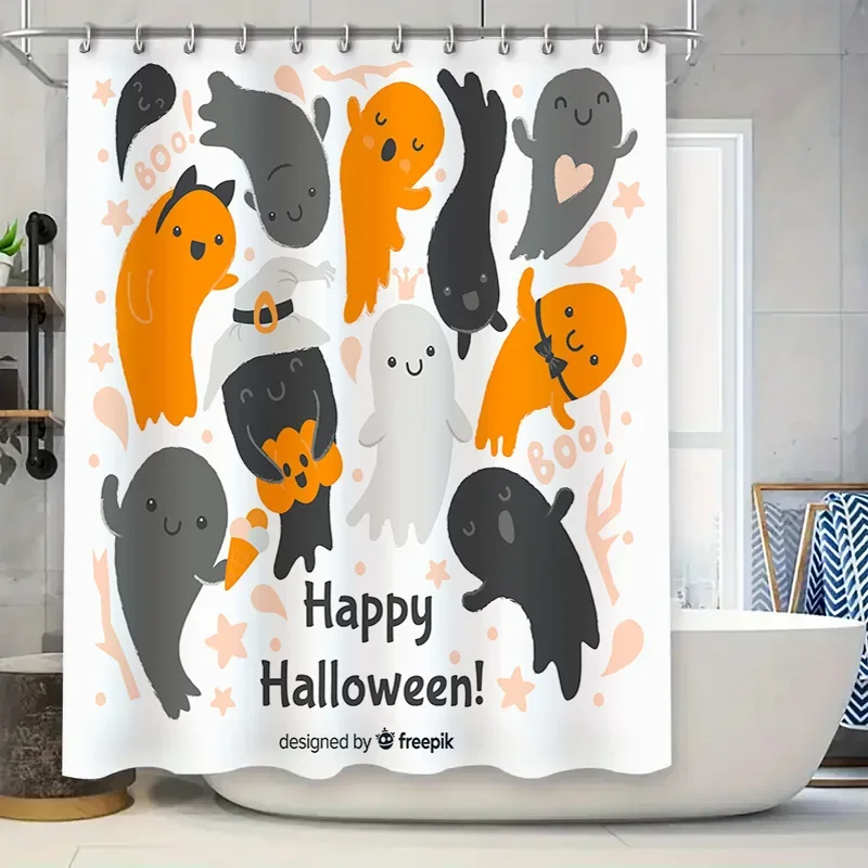 

Halloween Ghost Bath Mat Decor, Horror Cartoon Printed Shower Curtain, Home Waterproof Bathroom Liner for Halloween Party Decora