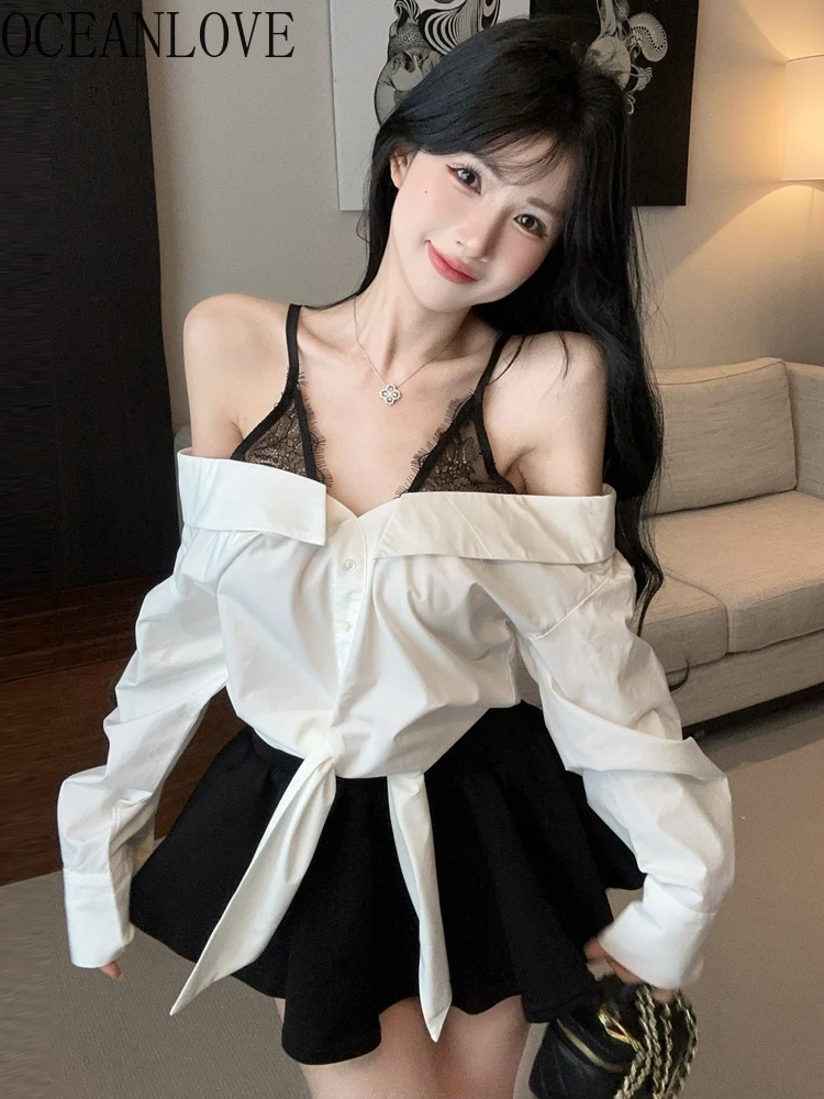 

OCEANLOVE Sexy Fake 2 Pieces Blouses Spring Autumn Slash Neck Woman Shirts Korean Fashion Retro Off Shoulder Blusas Mujer