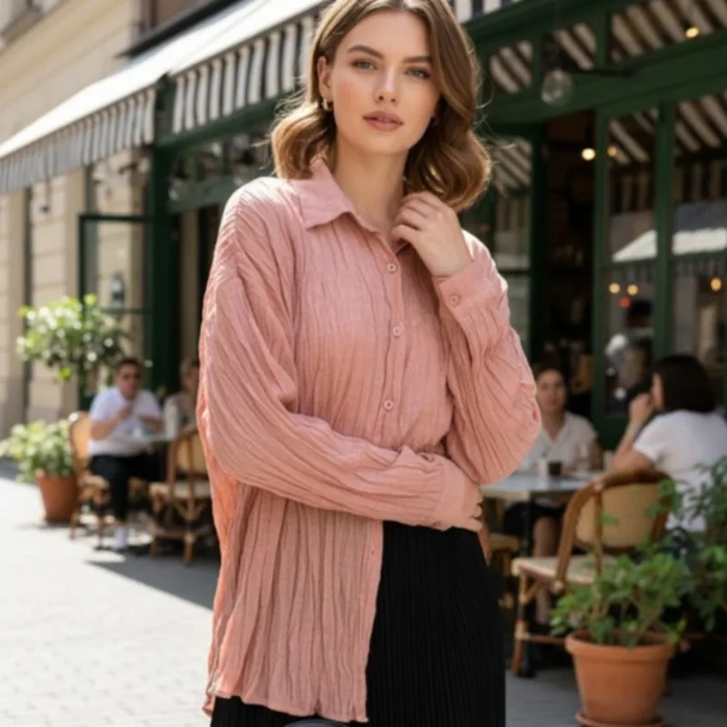 미야케 플리츠 심플 셔츠 여성용 2026 봄 신상 데일리 다용도 캐주얼 블라우스 솔리드 컬러 셔츠 긴팔 플리츠 의류