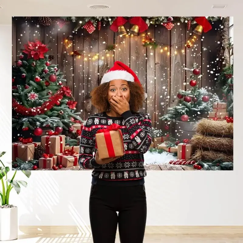 VIKAMA Photography Background Christmas Wooden Wall Scene Backdrop for Party Birthday Photo Booth Home Decor
