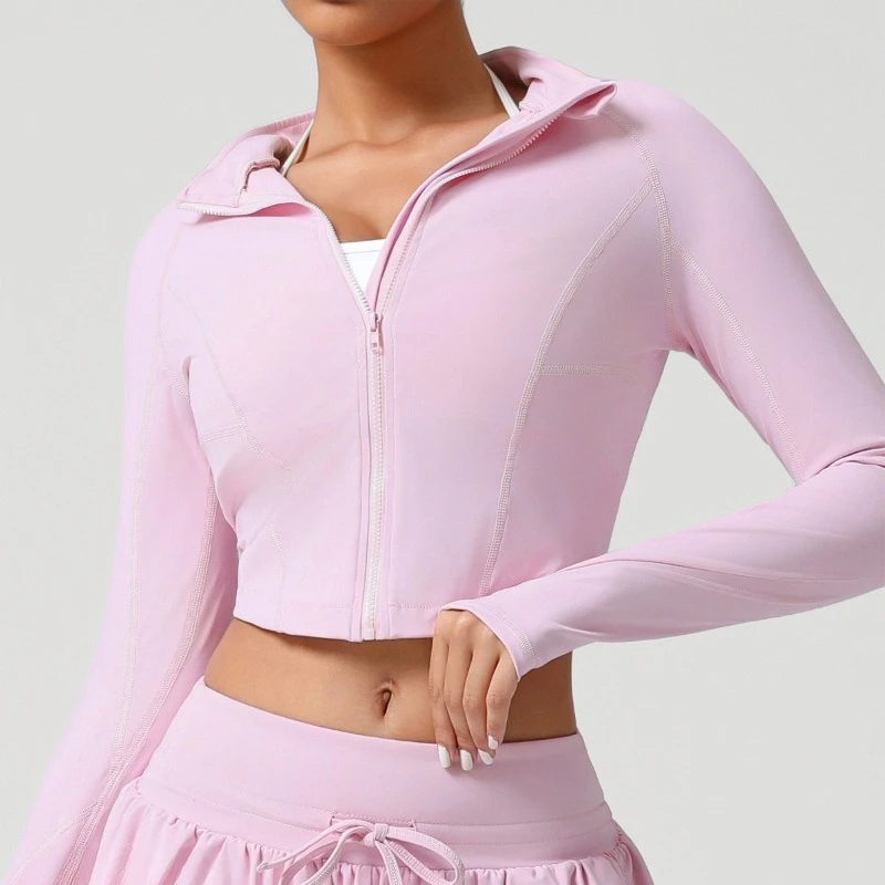 

Breathable Women's Hooded Fitness Top Stand Collar Yoga Shirt Slim Sports for Running Training Nude Color Casual Workout Wear