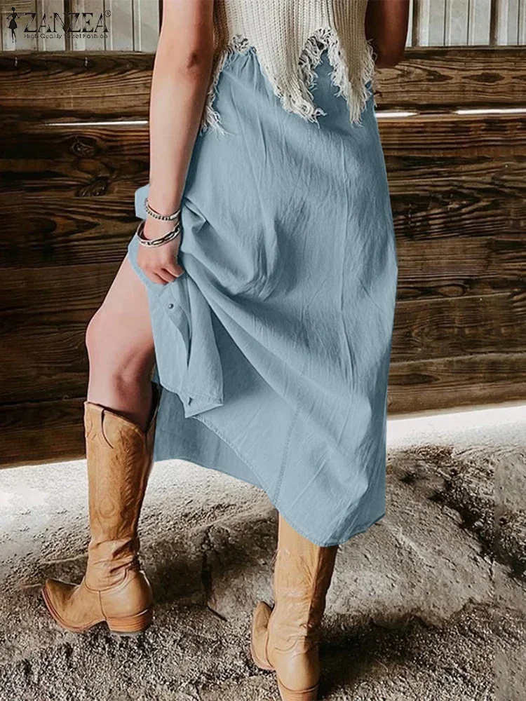 ZANZEA Damen-Röcke, einfarbig, modisch, elastisch, tailliert, lang, Jupes, lässig, lose Knöpfe, A-Linie, Faldas, Urlaub 2025, Sommerröcke