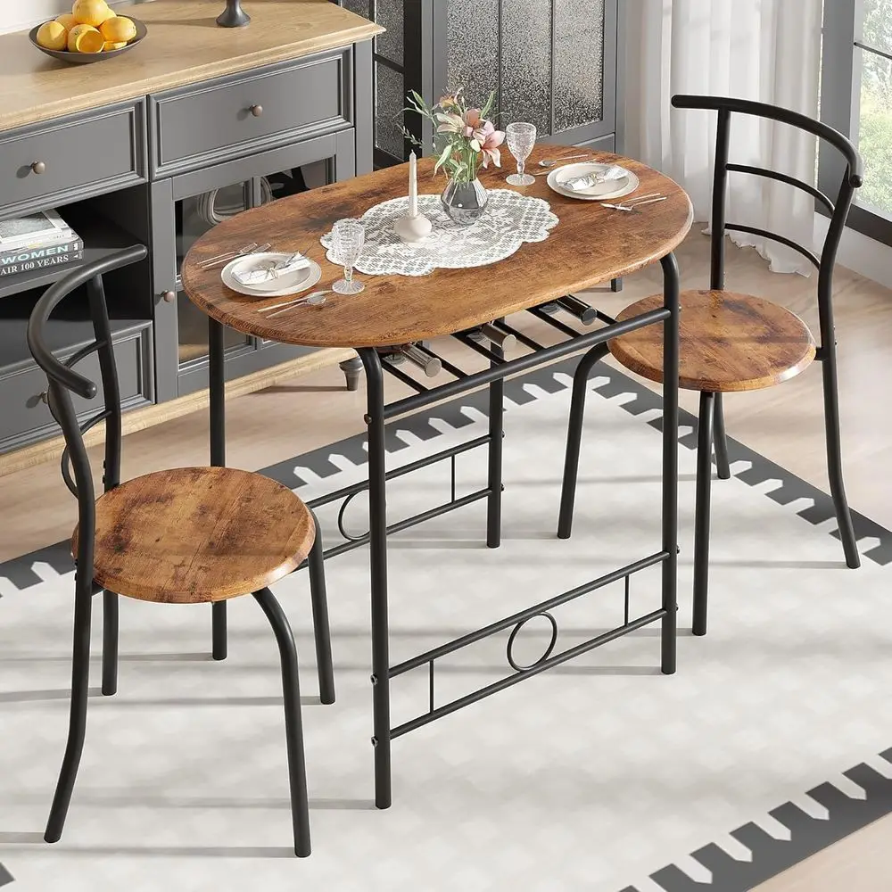 Wooden Oval Dining Table Set with Metal Legs and Built-in Wine Rack for Small Spaces in Antique Brown & Black