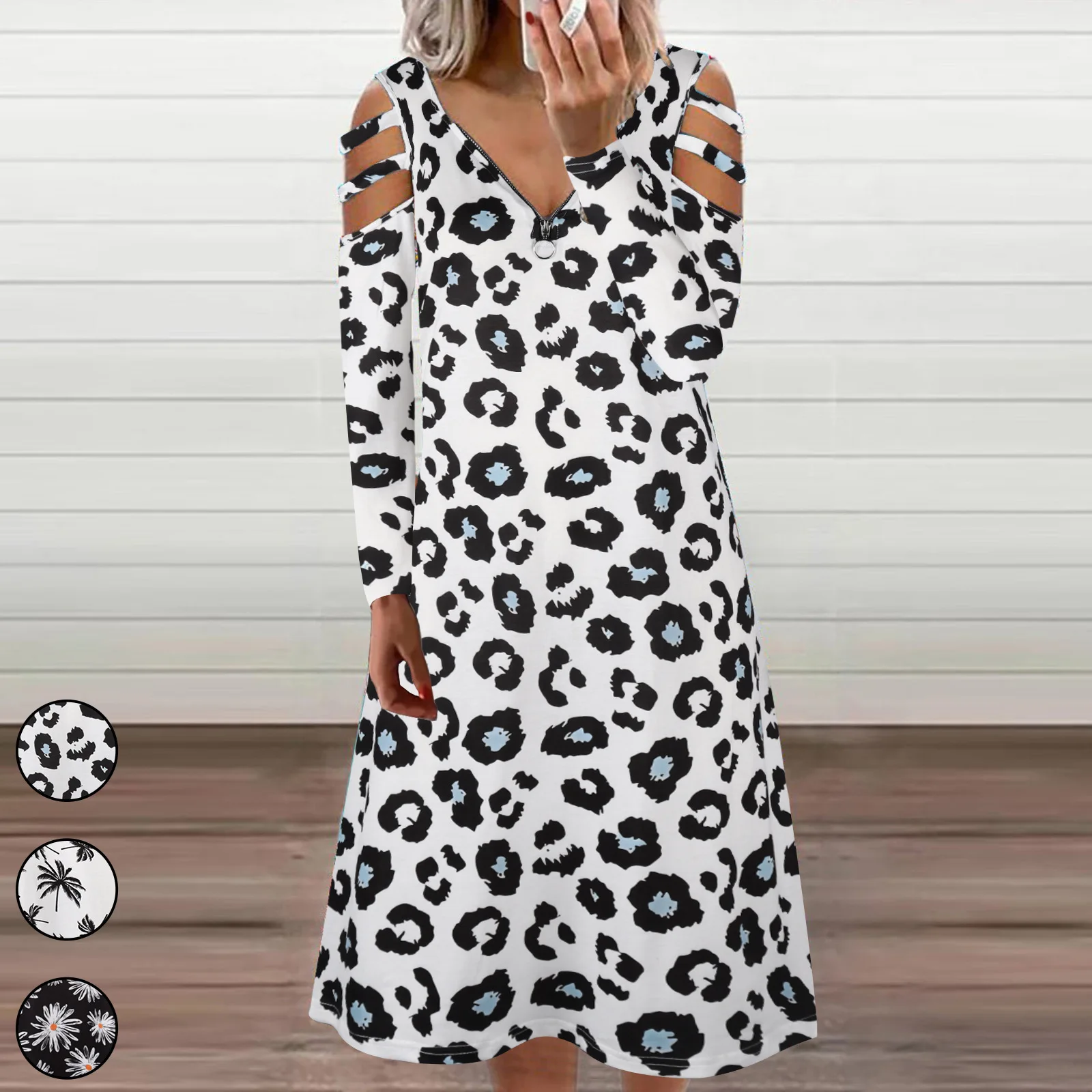 Vestido de manga larga con cuello en V para mujer, ropa holgada con cremallera, estampado Floral, informal, elegante, hasta la rodilla, otoño e invierno, 2022