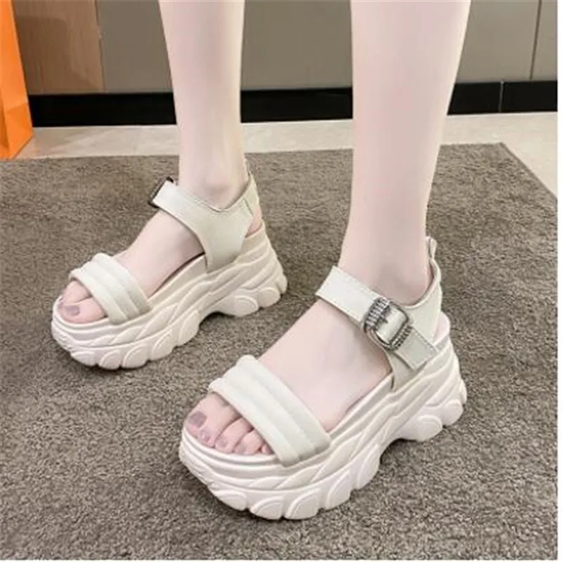 2024 Summer Green Metal Buckle Platform Sandals Women Adjustable Wedge High Heels 8cm Chunky Sole Sports Beach Slides