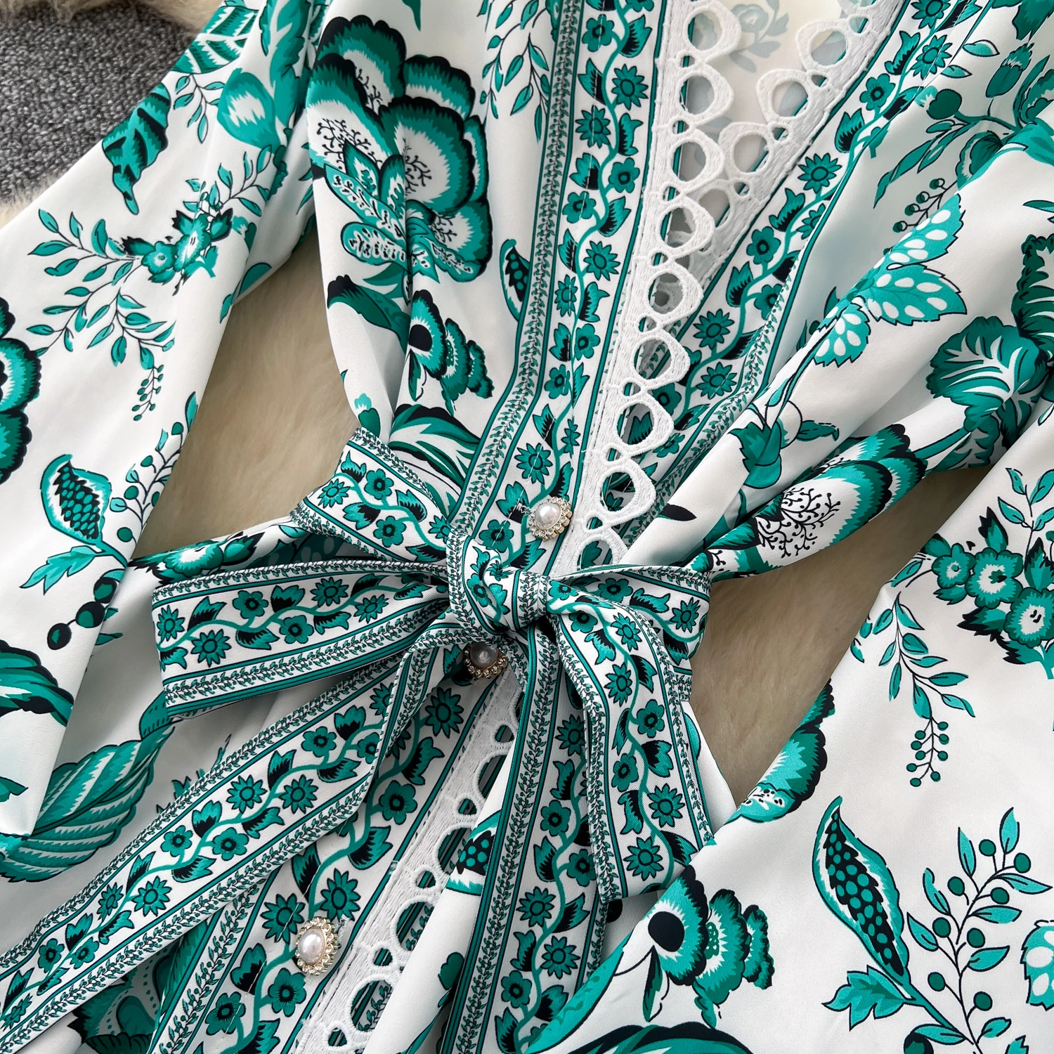 Chic vintage Sexy manica lunga stampa Criss-Cross split slim Elegante Fata moda coreana Boho Vestito estivo abbigliamento donna Abito lungo