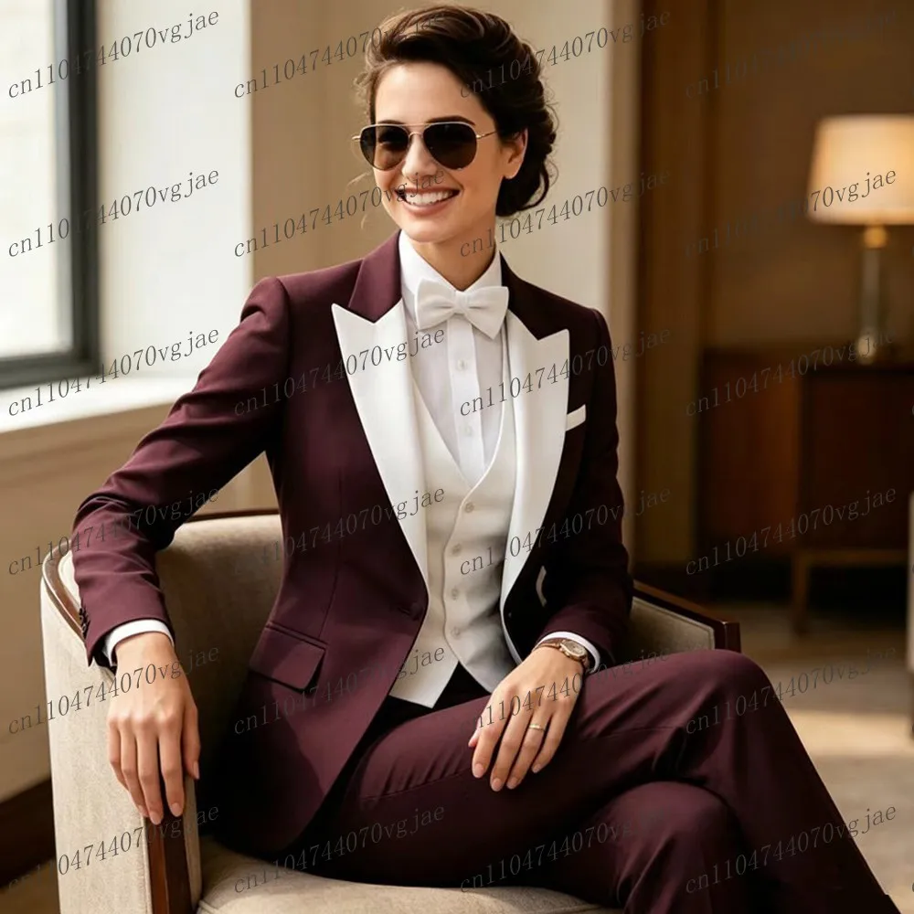 Traje Formal Morado Oscuro y Blanco para Mujer, Traje de Negocios, Boda, Fiesta, Graduación, Madre, Dama, Tuxedo de 3 Piezas, Blazer, Chaleco y Pantalones