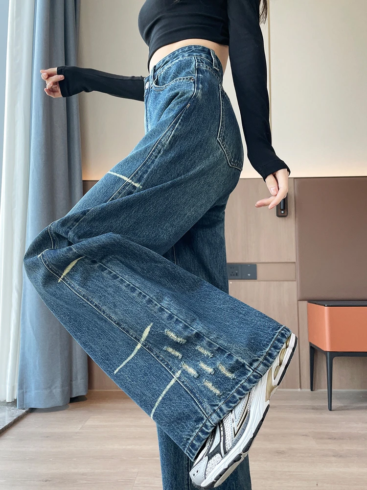 

Retro Faded Denim Wide Leg Pants Women's Autumn Winter High Waist Slimming Fce Straight Floor-Length Pants Embroidered