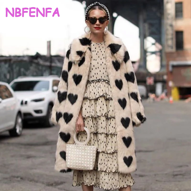 NBFENFA New Women Winter Furry Warm Fur Outerwear with Love Pattern Fashion Loose Faux Fur Rabbit Long Jacket Thickened Fur Coat