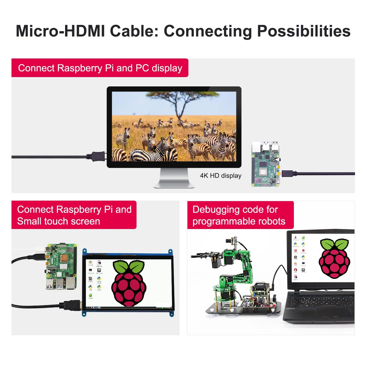 مهايئ كابل HDMI مصغر ، فيديو عالي الدقة مطلي بالذهب ، توت العليق Pi 5 ، 4B ، 4K ، 60Hz ، 30 ، من من من من ، إلى ،