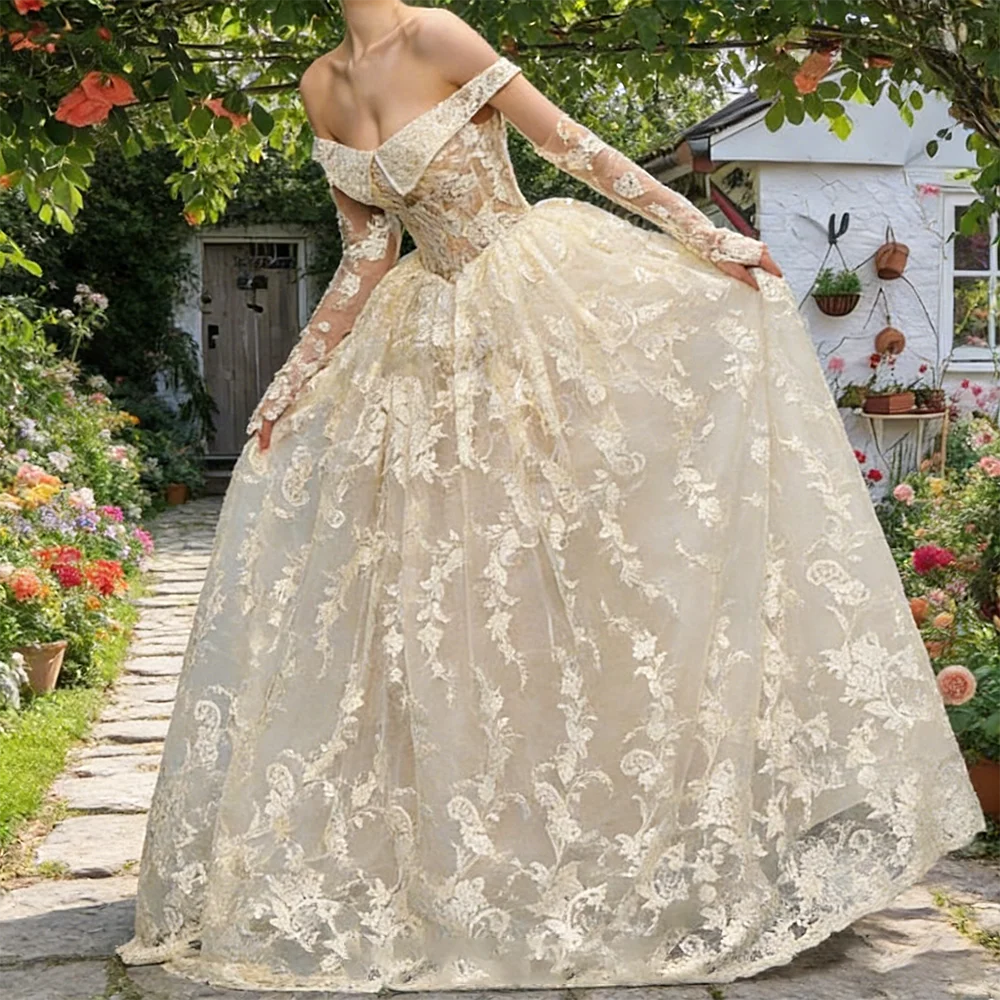 أنيقة قبالة الكتف الدانتيل كم كامل ألف خط فساتين زفاف العروس أثواب الزفاف حسب الطلب