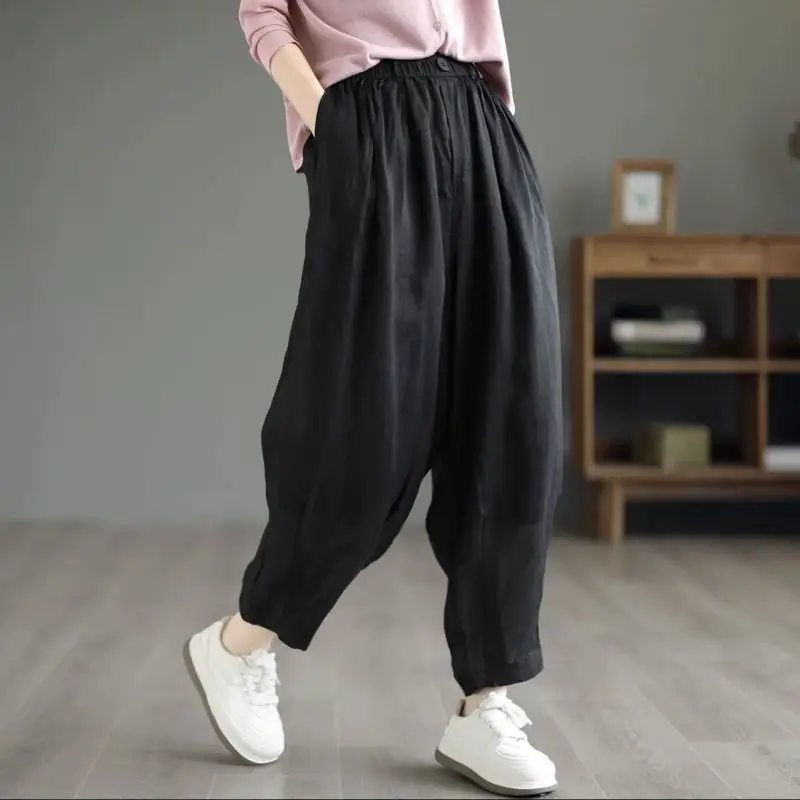 2024 Nieuwe Zomer Minimalistische Effen Kleur Casual Losse Oversized Mode Retro Luie Stijl Hoge Taille Zak Dunne Harlan Broek