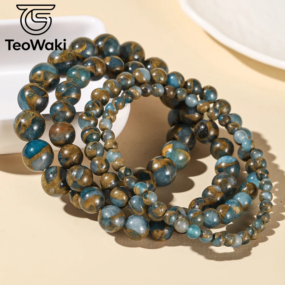 TeoWaki Natural Stone Bounce Bracelet Blue Cloisonne Stone Bracelets for Women Men Elastic Rope Bangle Daily Jewelry Gift 19cm