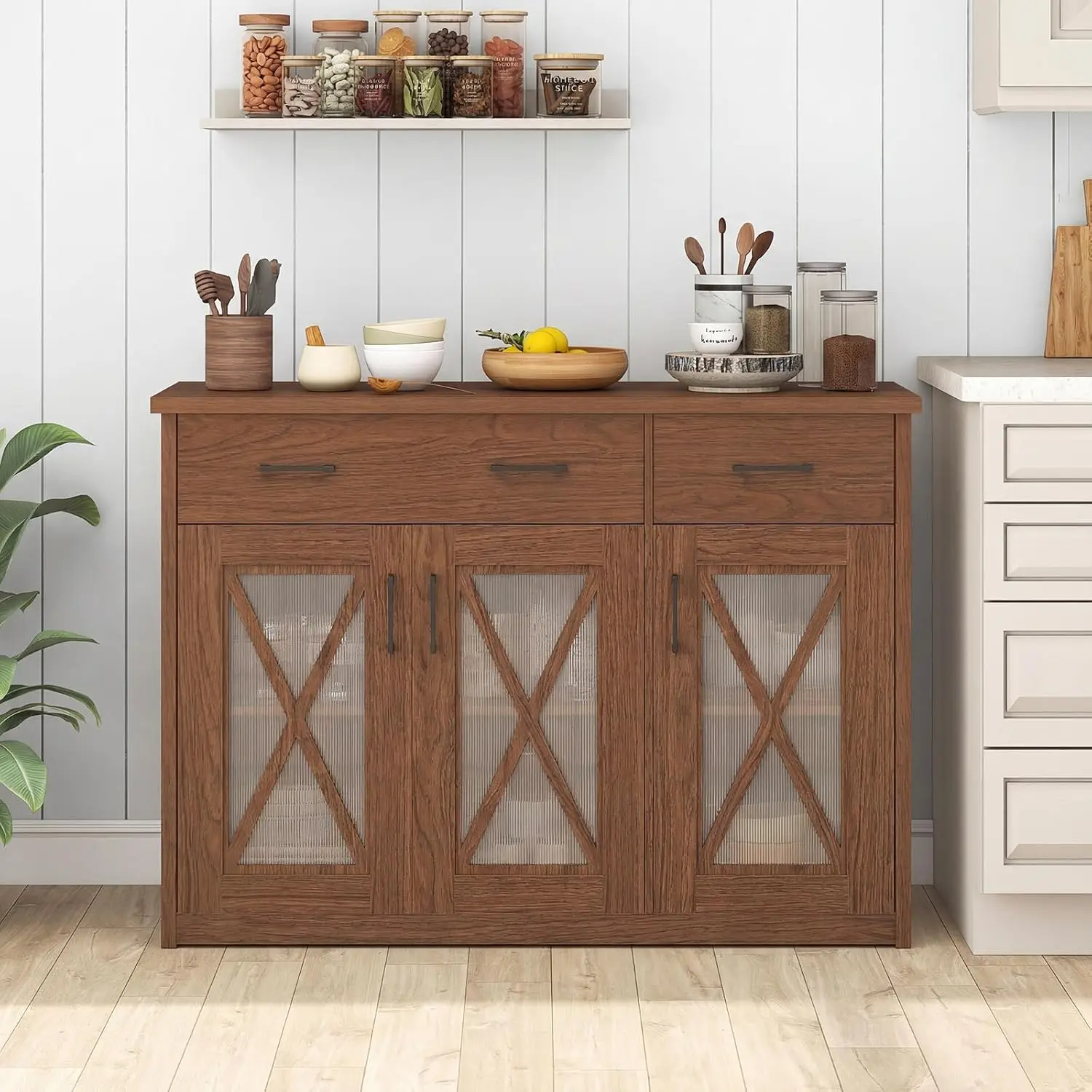 Farmhouse Buffet Cabinet w/Fluted Glass Doors, 47'' Kitchen Sideboard w/ 2 Drawers & Adjustable Shelves, Rustic, Customized