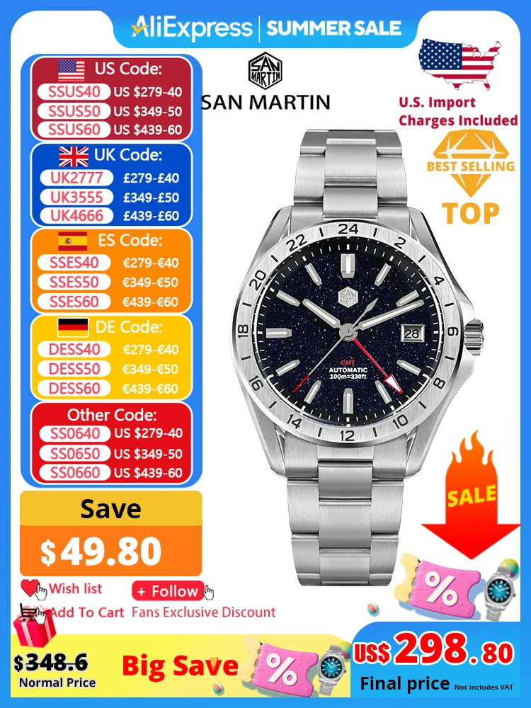 

San Martin 39mm Aventurine Gemstone Dial Luxury Men's Watch NH34 GMT Automatic Mechanical Sapphire Waterproof Luminous SN0129