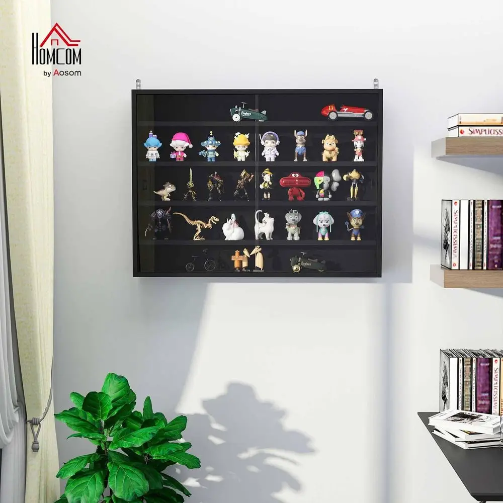 Wall-Mounted 5-Tier Glass Door Cabinet with Adjustable Shelves for Playroom or Bedroom in Black view 2