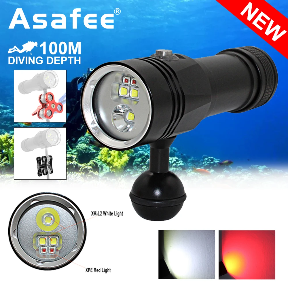 

Asafee DR03 Профессиональный подводный светодиодный светильник для фотосъемки XPE, 5000 люмен, фонарик для дайвинга, 100 м, водонепроницаемый видеофонарь
