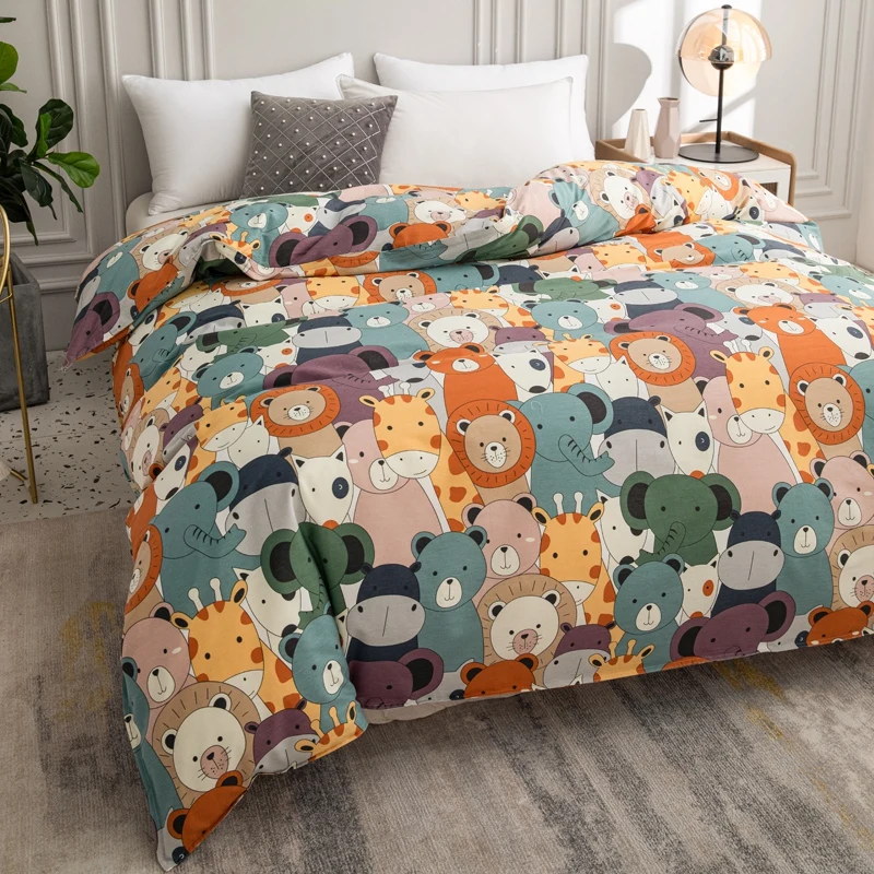 Cartoon Animals Duvet Cover Kids 100% Cotton Bear Lion Giraffe Patterned Comforter Covers Soft Breathable Cute Elephant Bedding