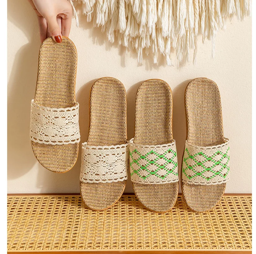 Lace Linen Slippers Women Shoes Home Korean Non-slip Men Slippers Men Shoes Personalized Deodorization