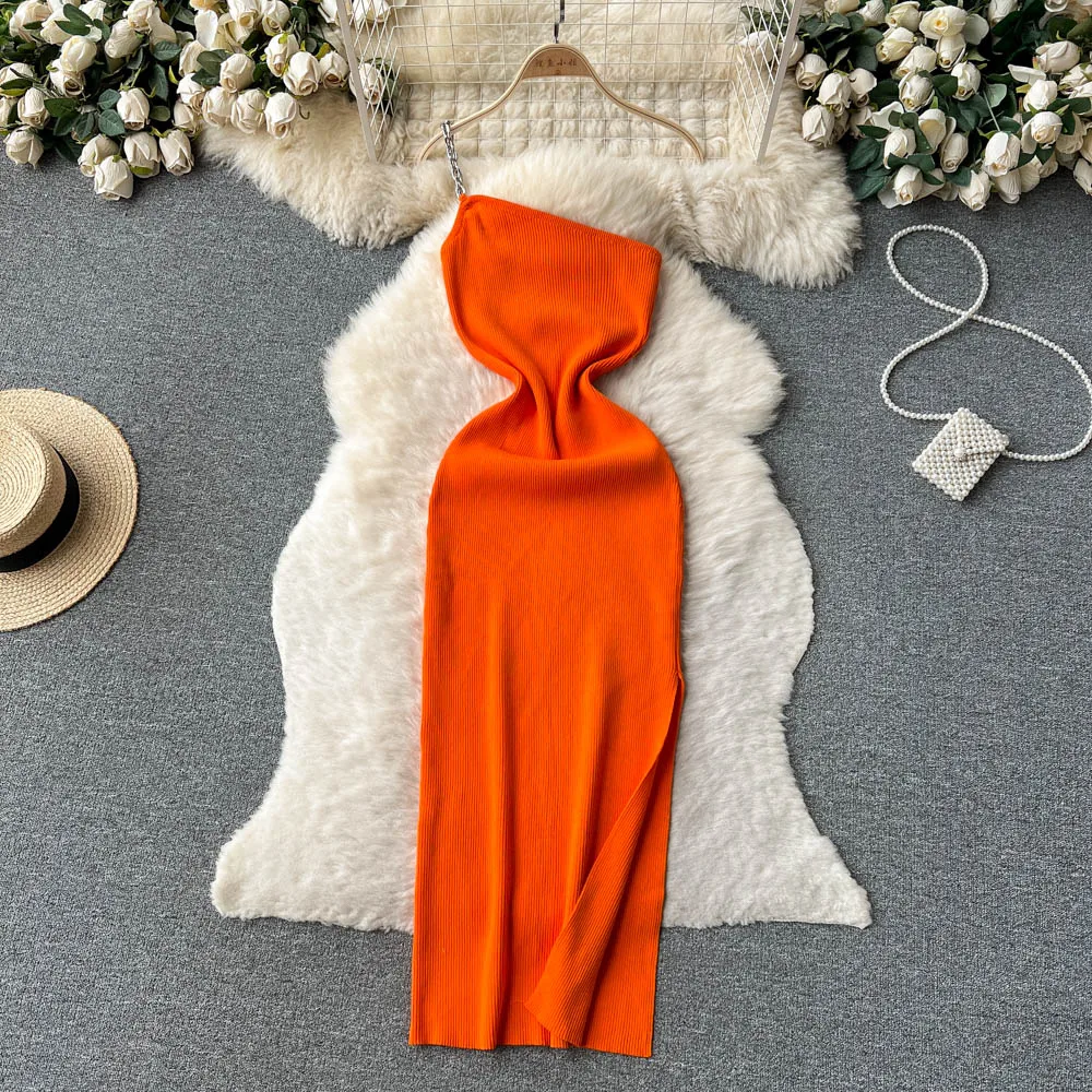 Yuoomuoo Herbst ketten Ein-Schulter-Strickkleid sexy High Split Wrap Hüften Bodycon Party kleid Dame lange ästhetische Vestidos