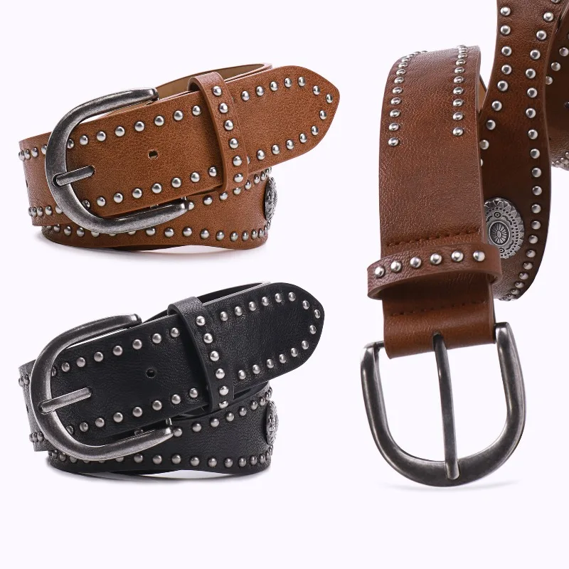 Fashionable Punk-Retro Double-Row Studded Leather Belt for Women  Trendy High-End, Versatile Belt with Decorative Details