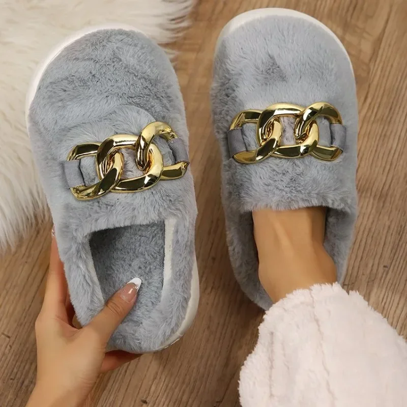 Ladies Shoes 2025 Hot Sale Closed Toe Women's Slippers Warm Home Slippers Women Metal Decoration Plus Size Flat with Shoes Women