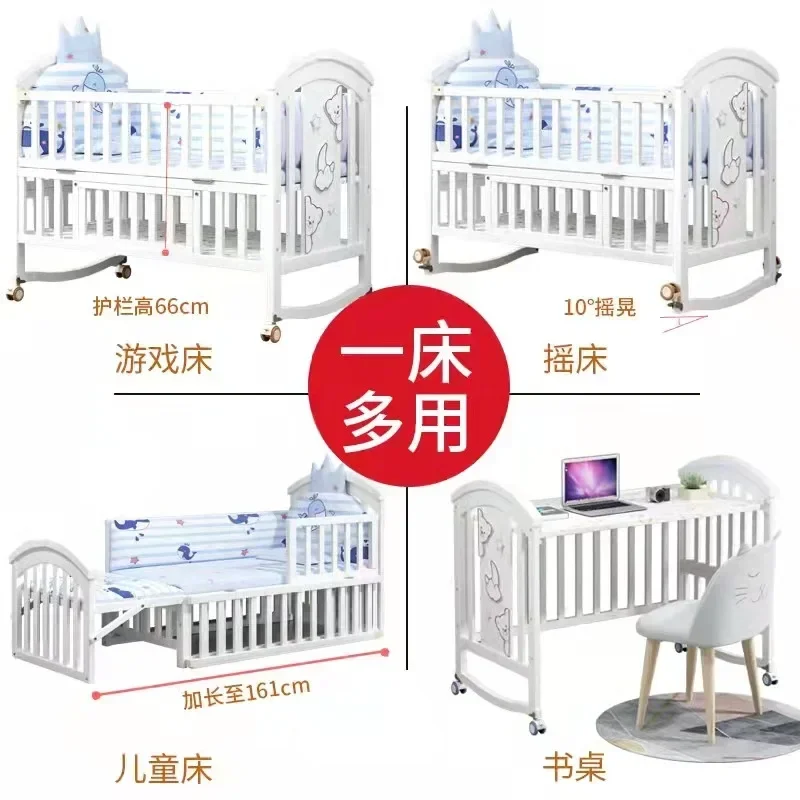 Baby Crib Multifunctional BB Baby Bed Solid Wood Unpainted Rocking Bed for Newborns, Movable Children's Spliced Large Bed