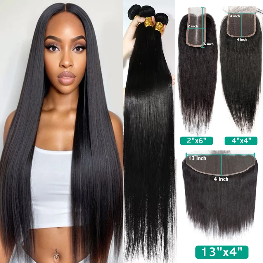 Straight Weaving Human Hair Extensions Bundles With 4x4 2x6 Lace Closure Brazilian Remy Human Weaves Hair Delivery 3 Day France