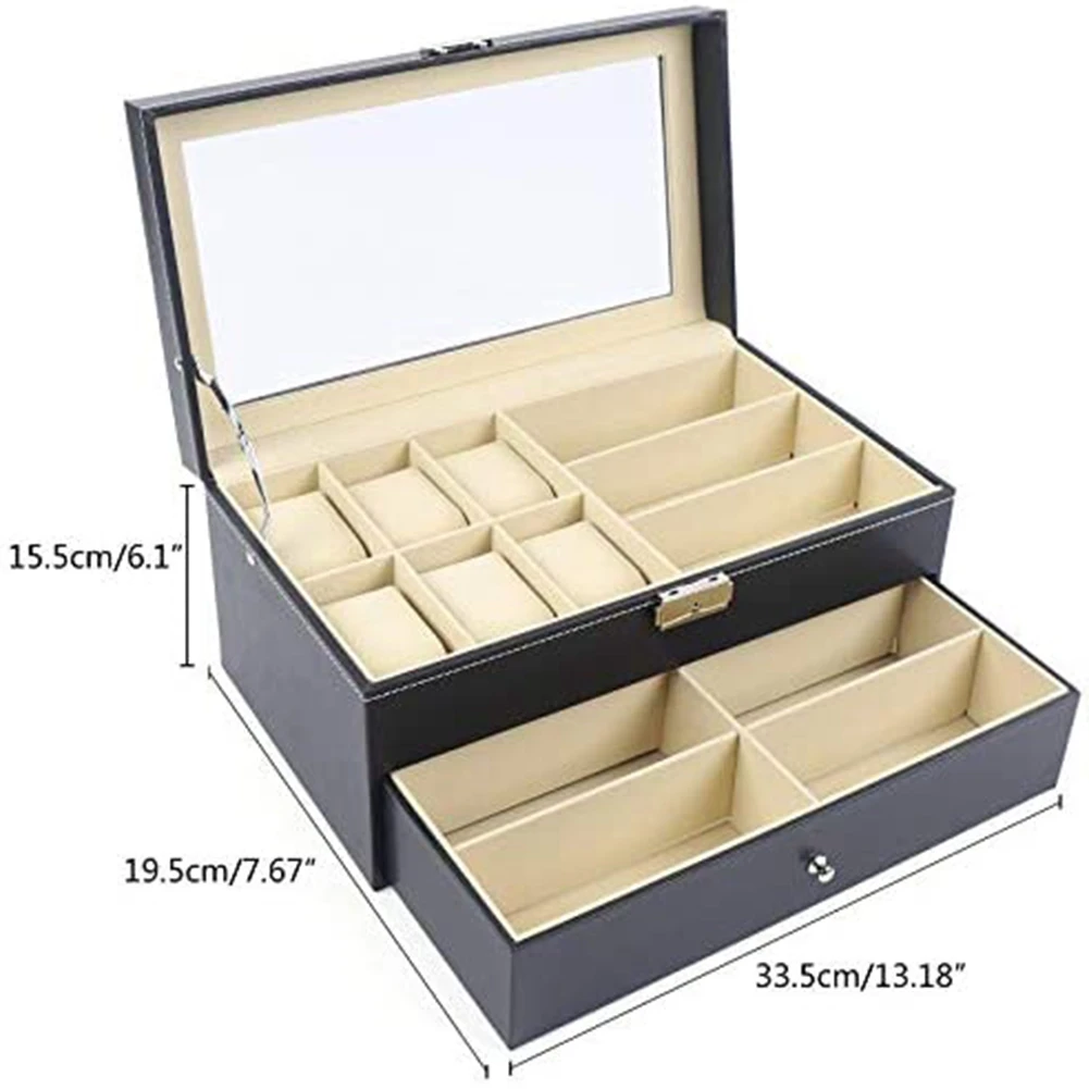 15 Slot Pu Sunglasses and Watch Storage Case Glasses Display Drawer Case Double Layer with Glass Cover