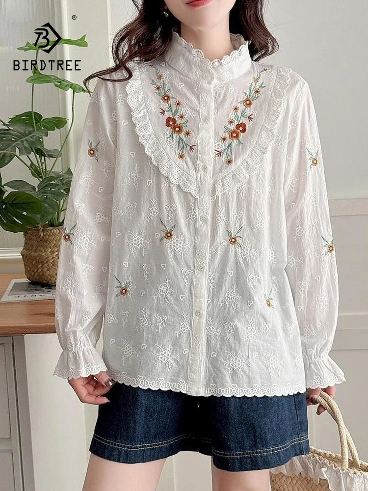 

New 2025 Winter Cotton Long Sleeve Shirt, Women Stand Ruffles Embroidery, Mori Girl Sweet Age Reduction Loose Blouse T5N656CC