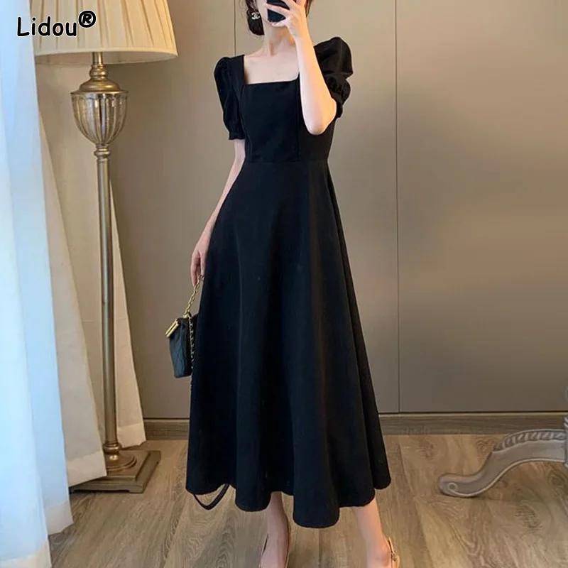 

Solid Korean Elegant Fashion Women's Clothing Summer Midi Skirts Loose Puff Sleeve Dignified Square Collar Temperament Dresses