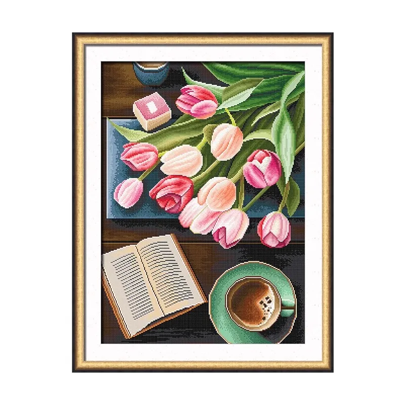 11CT 16CT 40X56cm Book Flowers Pre-Printed Cross Stitch DIY Embroidery Set Handicraft Floss Needle Crafts 88 colors