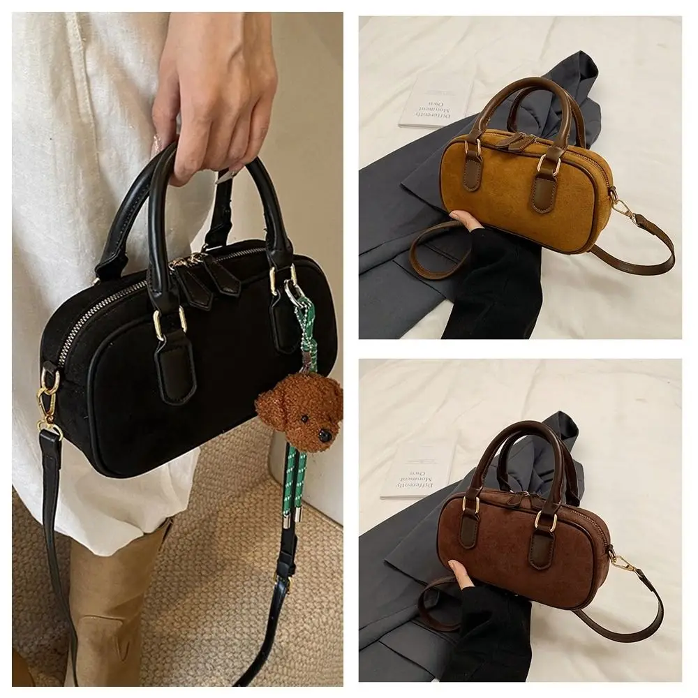 

Brown Suede Leather-Trimmed Bowling Bag Women's Retro Casual Shoulder Crossbody Purse