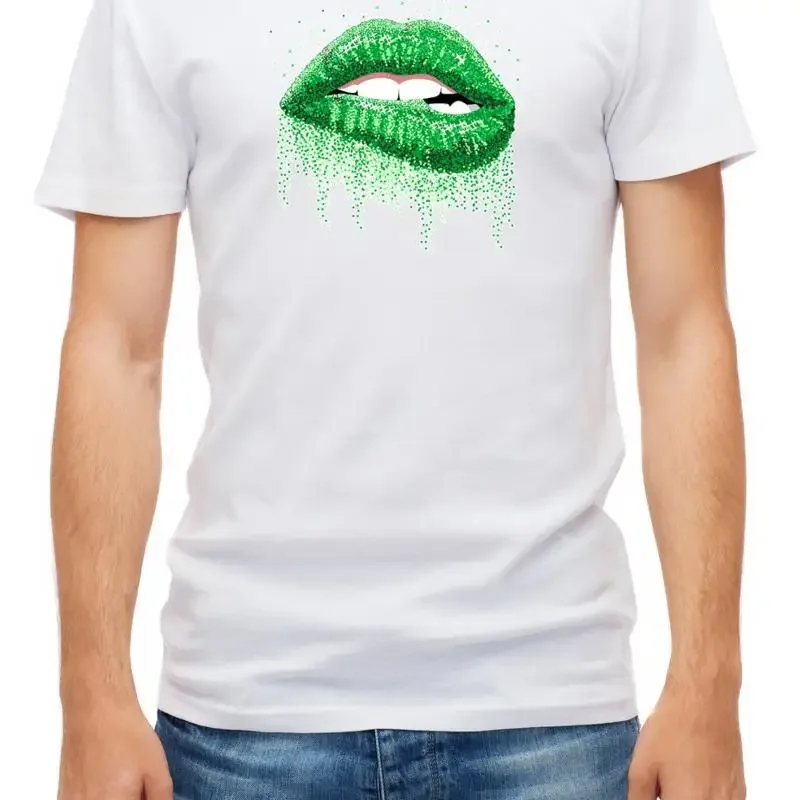 Green Yellow Lips Lipstick Short Sleeve White T Shirt Men D361 S361