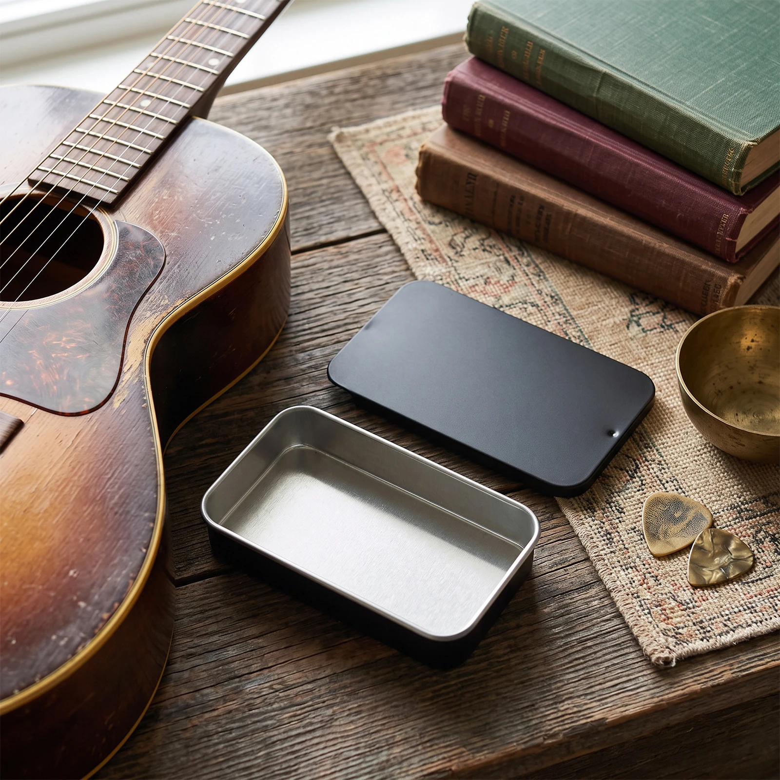 Guitar Pick Organizer Tin Box 2 Pack Slide Lid Metal Case Holds 30 Picks 5 Celluloid 0.7mm Picks Black White Included