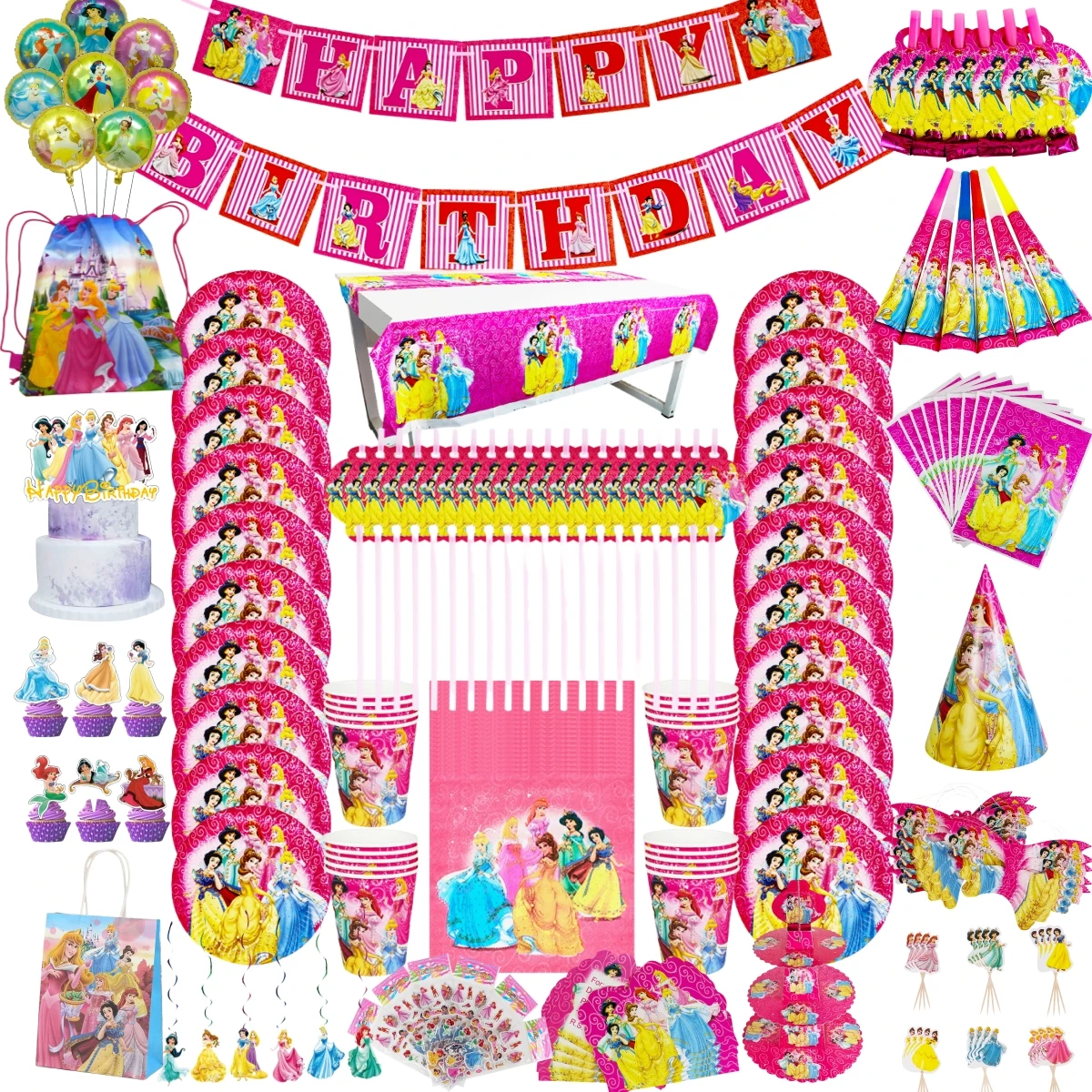

Disney princess Snow White Ella Belle Ariel Jasmine Birthday Party Balloon Decoration Set Disposable Tableware Baby Shower