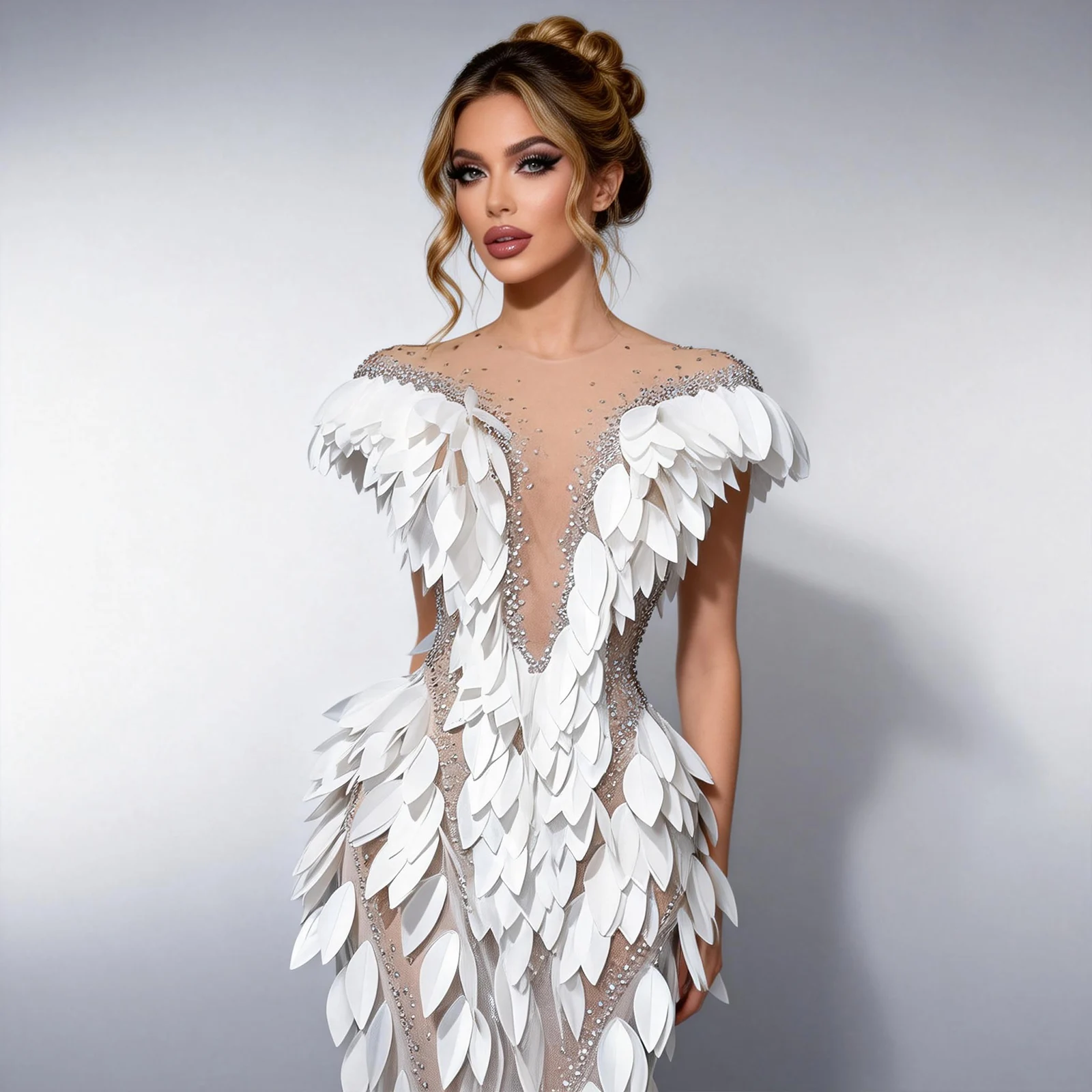 

Sparkly Rhinestone White Plastic Feather Shape Split Trailing skirt Evening Prom Party Long Dress Celebrate Photo Show Gril Wear