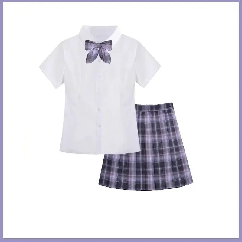 새로운 여학생 교복 여고생 하이웨이스트 체크 플리츠 스커트 JK 교복 애니메이션 의류 여성용 퍼플 풀세트