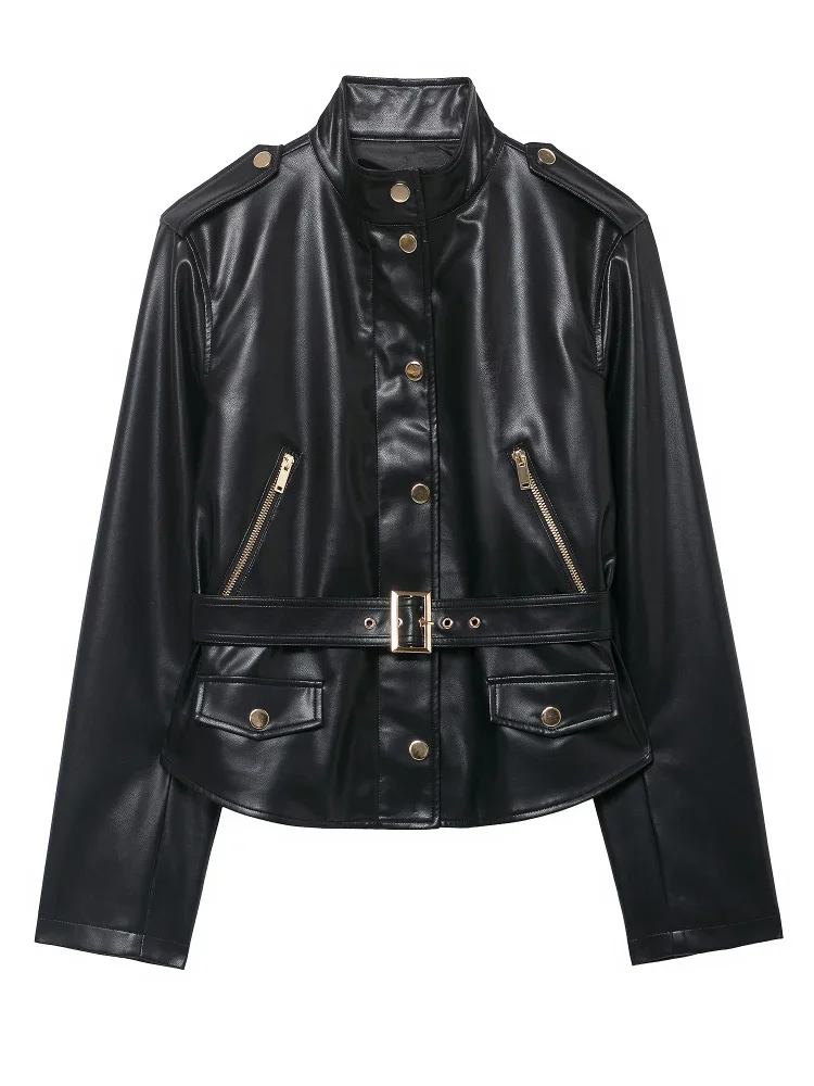 سترة نسائية كاجوال سوداء قصيرة من الجلد موضة بياقة واقفة وأكمام طويلة وسحاب وحزام فضفاض سترات نسائية يومية معطف عالي الشارع #6