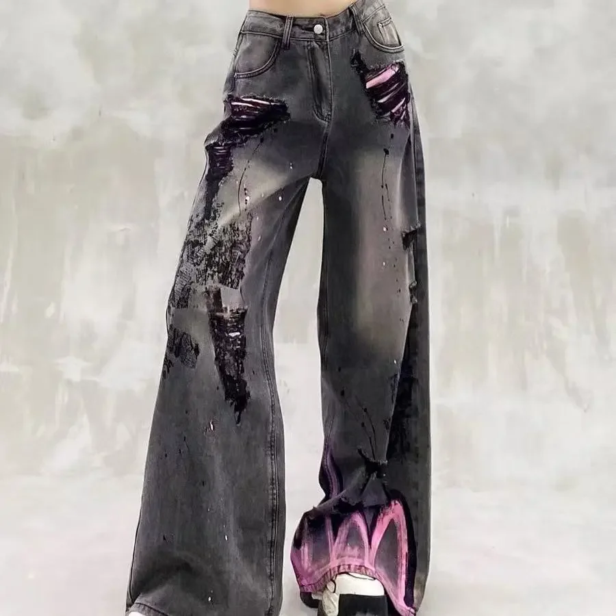 

Rick Color Denim Trousers Women's Spring Summer 2025 New Spice Girls Loose Slimming Plus Size Fried Denim Wide Leg Pants