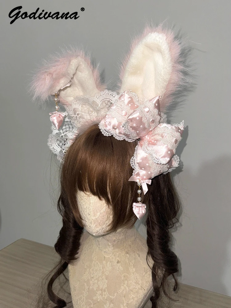 

Оригинальный дизайн для девочек, милая Лолита, кроличьи уши, повязка для волос с бантом и хлопковым наполнением, милый KC, съемный бант, женские головные уборы