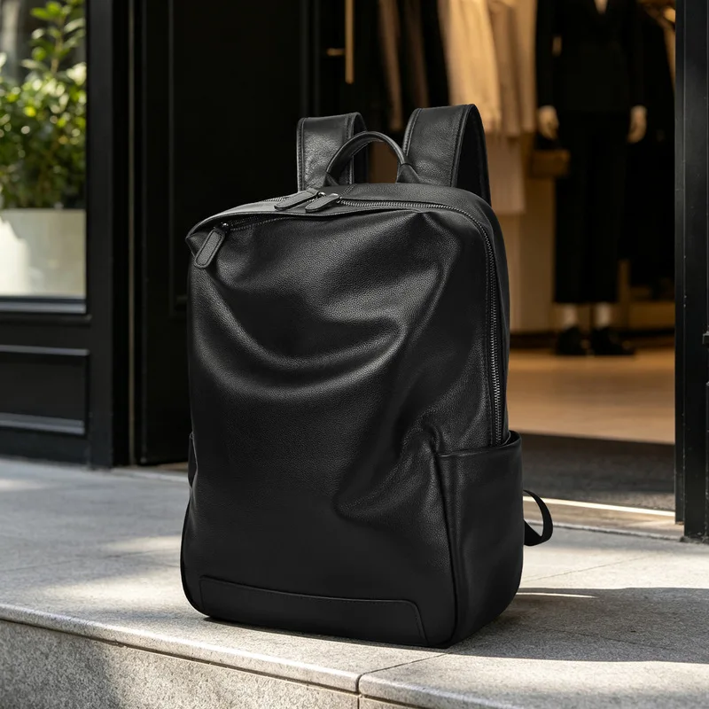 Mochila de cuero genuino para hombre y mujer, de color negro, hecha con piel de vaca, con bolsillo lateral, ideal para uso diario, viajes y como bolso de hombro para la escuela, el trabajo o para llevar al trabajo.