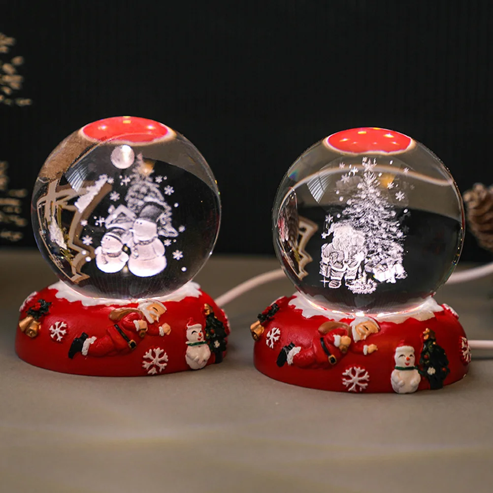 6cm 3D Crystal Ball Xmas Wood Base Christmas Crystal Night Light Crystal Glass Ball Figure Night Light for Christmas Party Decor