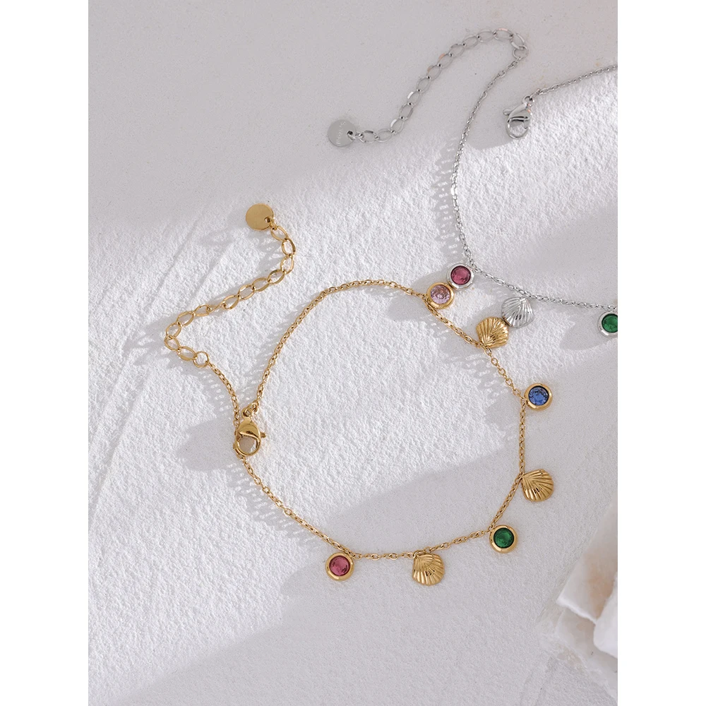 Yhpup Colorful Shiny Cubic Zirconia Shell Stainless Steel Summer Anklet Fashion Trendy Foot Chain Jewelry for Women Bijoux Femme