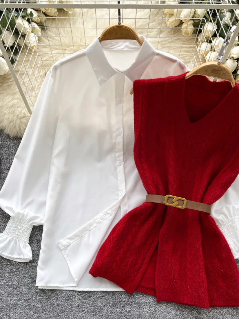 Foamlina Women Autumn 2 Pieces Set Fashion Turn Down Collar Long Sleeve White Shirt and Knitted Outerwear Vest Top with Belt