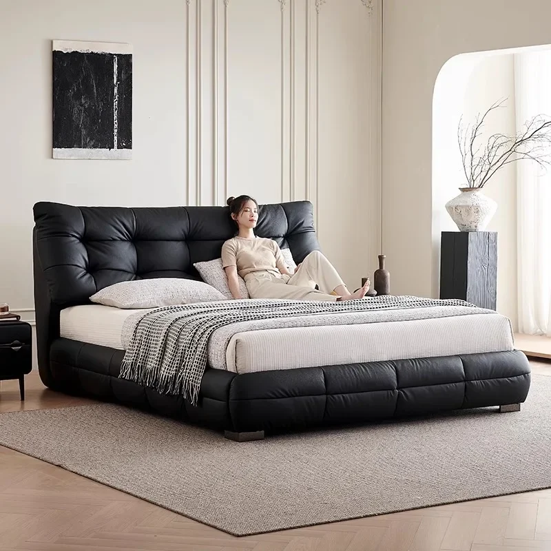 Big black bear leather bed modern simple small apartment first layer cowhide