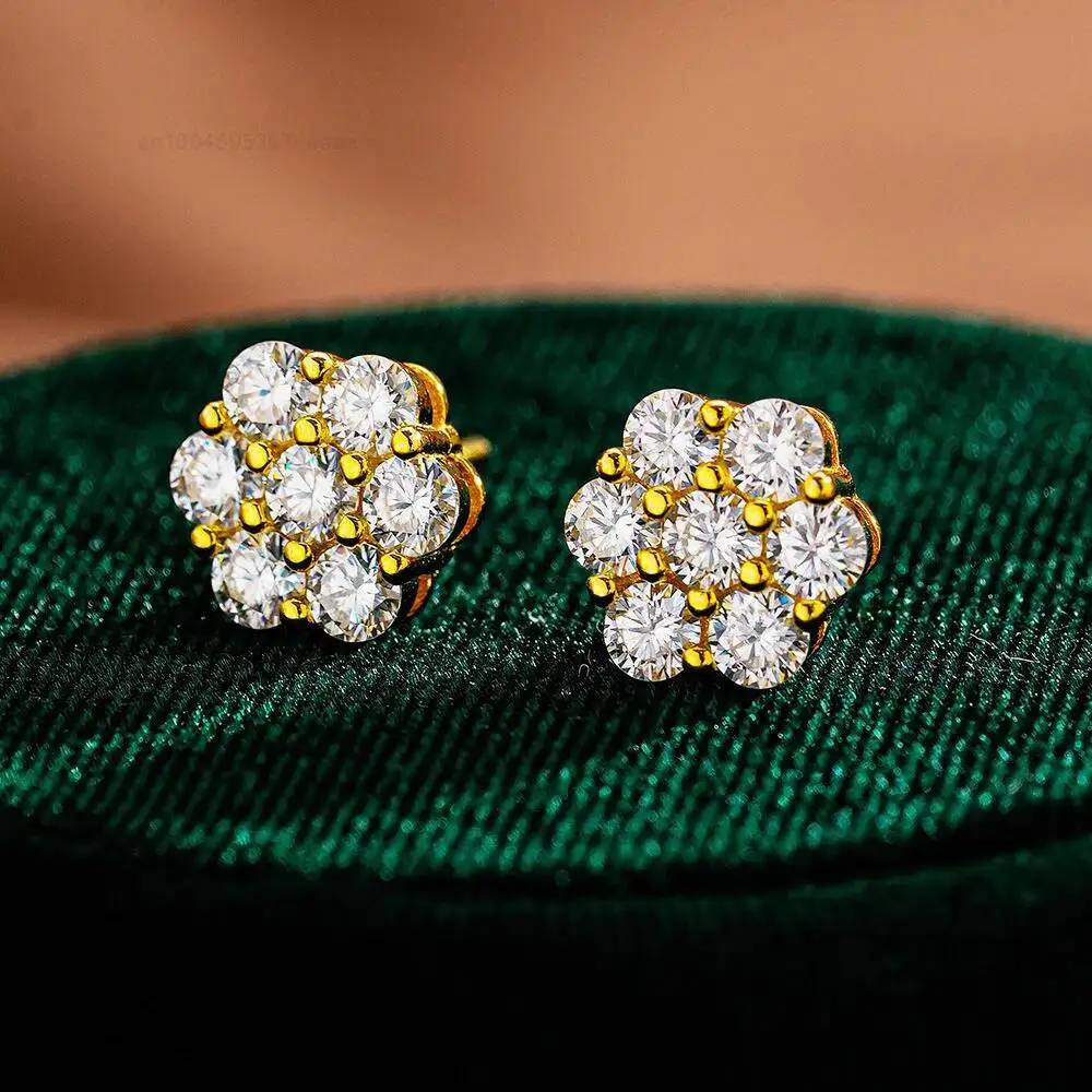 Fast Shipping 925 Silver Moissanite Iced Out Earrings 1.4ct Flower Cluster Stud Earrings GRA Hip Hop Jewelry for Men and Women