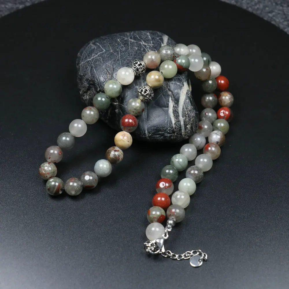 Natural Stone Beads Rosary Necklace Men 8MM Bloodstone Rose Quartz Choker Beaded Necklace For Women Meditation Buddha Jewelry