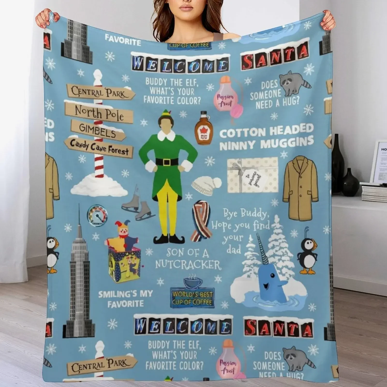 

Buddy the Elf collage, Blue background Throw Blanket Bed covers warm for winter Vintage Luxury Brand Blankets
