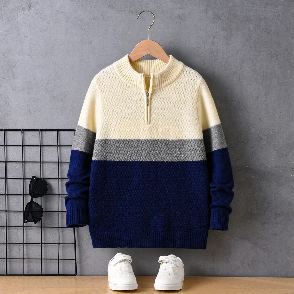 Boys' college style color striped half-zip sweater small stand-up collar knitted pullover long sleeves suitable for school daily